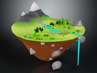 Cartoon Floating Island Scene With Green Grass Mountains River And Waterfall 3d model