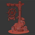 Decorative Ornament Set With Wood Pole Green Ship Wheel Red Tassels Plants And Greenery On Stone Base