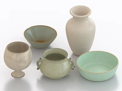 Different Shaped Decorative Ceramic Vessels Including Vase Bowl Jar And Glazed Light Green Beige Bowls 3d model