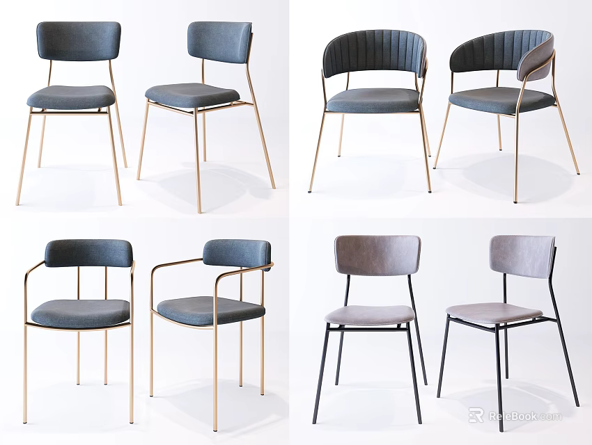 Modern Dining Chairs With Various Styles Gray Upholstery And Gold Black Legs 3d model 