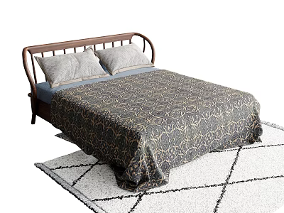 Comfortable Double Bed With Wooden Headboard Gray Pillows And Patterned Quilt On White Geometric Rug 3d model