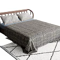 Comfortable Double Bed With Wooden Headboard Gray Pillows And Patterned Quilt On White Geometric Rug
