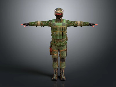 Game Movie Character In Camouflage Uniform With Tactical Vest Helmet Knee Pads And Arms Outstretched 3d model