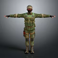 Game Movie Character In Camouflage Uniform With Tactical Vest Helmet Knee Pads And Arms Outstretched