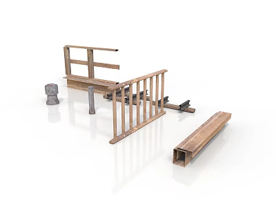 Wooden Train Station Platform Structural Components With Railings Bench And Posts 3d model