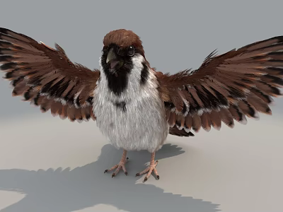 Sparrow with Brown and White Feathers Standing on Gray Background with Spread Wings 3d model