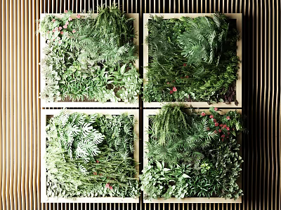 Modular Indoor Living Plant Wall With Wooden Frames Various Green Plants And Red Flowers 3d model