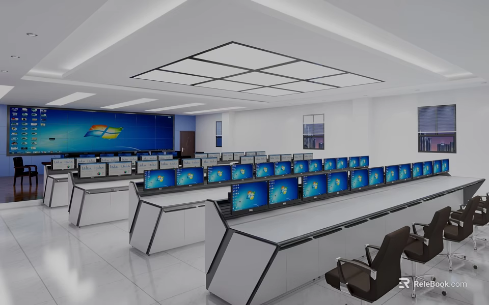 Modern Control Room Interior With Rows Of Monitors And Control Desks Setup 3d model 