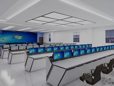 Modern Control Room Interior With Rows Of Monitors And Control Desks Setup 3d model