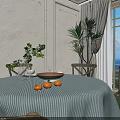 Round Dining Table Set With Striped Tablecloth Fruits Plants And Wooden Chairs With Woven Seats