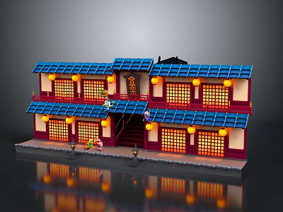 Chinese Traditional Two Story Building With Blue Roof Red Walls And Yellow Lanterns 3d model