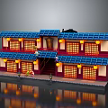 Chinese Traditional Two Story Building With Blue Roof Red Walls And Yellow Lanterns