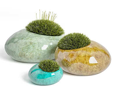 Bonsai Potted Plants With Stone Shaped Ceramic Pots And Green Grass Foliage 3d model