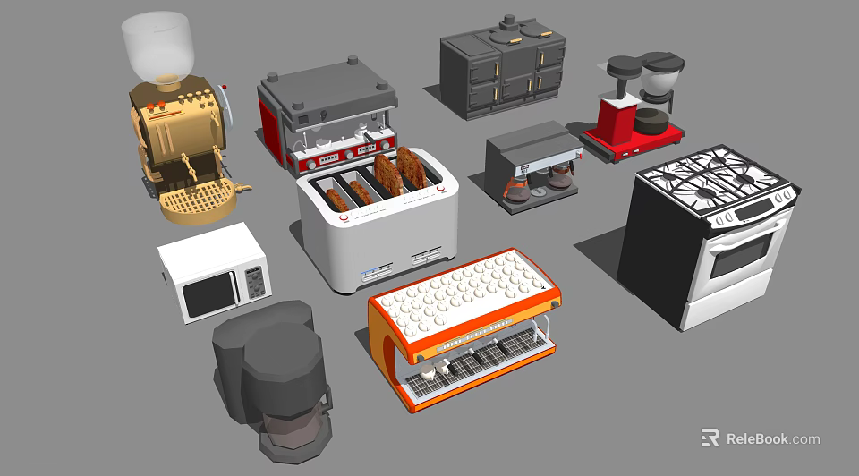 Various Kitchen Appliances Including Coffee Maker Toaster Microwave Gas Stove And Refrigerator 3d model 