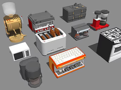 Various Kitchen Appliances Including Coffee Maker Toaster Microwave Gas Stove And Refrigerator 3d model