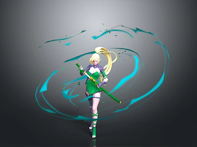 Anime Character Blonde Twin Tails Green Purple Outfit Holding Green Staff Blue Energy Vortex 3d model