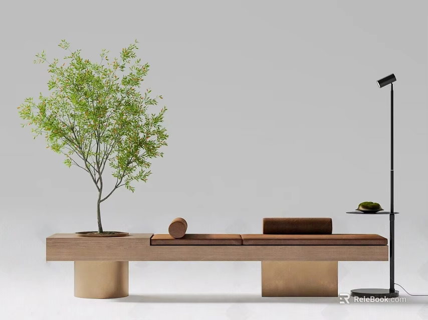Modern Public Bench With Green Tree Floor Lamp And Minimalist Design 3d model 