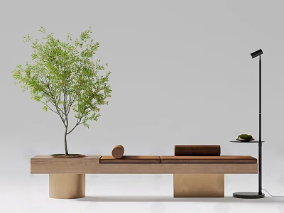 Modern Public Bench With Green Tree Floor Lamp And Minimalist Design 3d model