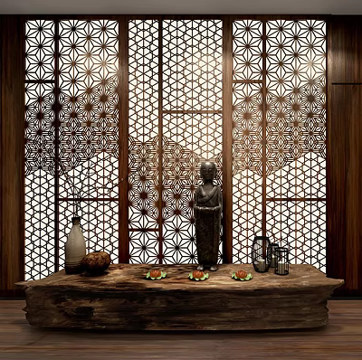 Wooden Lattice Room Divider With Intricate Patterns And Zen Buddha Statue On Table 3d model