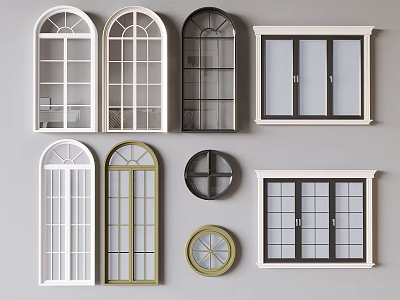 Casement Windows with Arched Round Rectangular Shapes and White Gold Black Frames 3d model