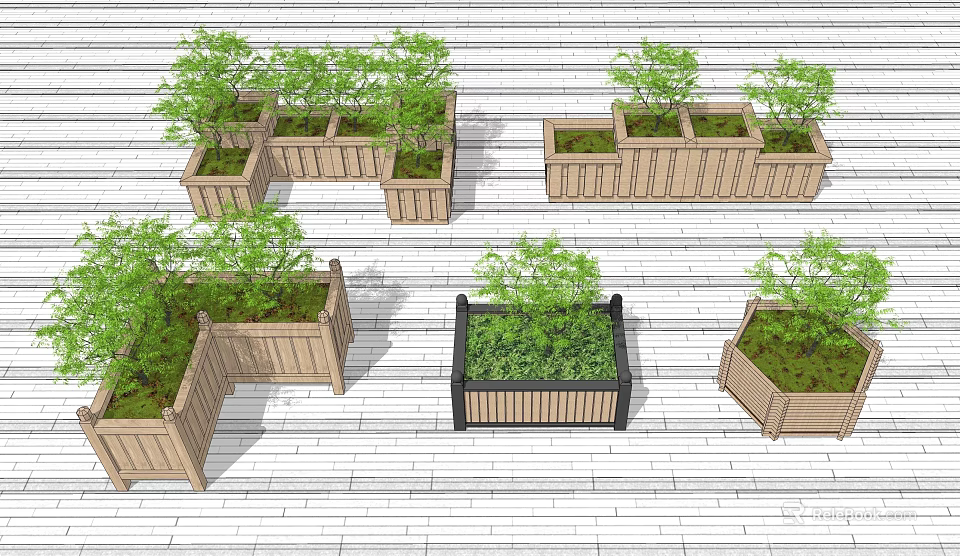 Bonsai Plants in Wooden Planters with Various Shapes Arranged on Wooden Deck 3d model 