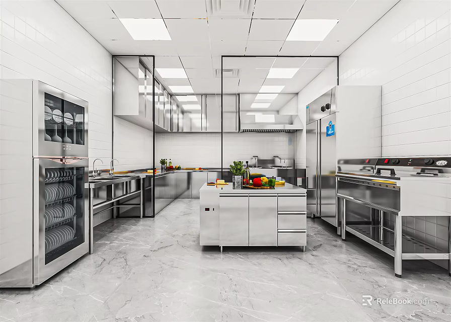 Commercial Kitchen Interior With Stainless Steel Worktables Refrigerators And Lighting 3d model 