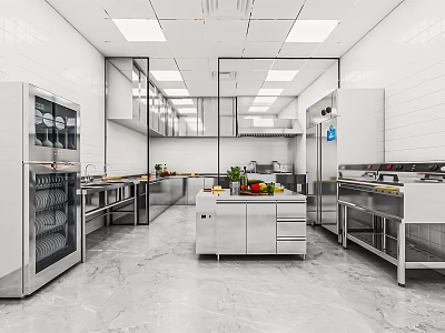 Commercial Kitchen Interior With Stainless Steel Worktables Refrigerators And Lighting 3d model