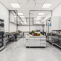 Commercial Kitchen Interior With Stainless Steel Worktables Refrigerators And Lighting