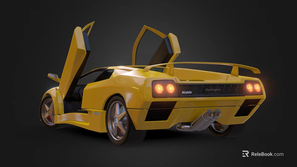 Yellow Lamborghini Diablo Sports Car With Scissor Doors Open Rear View 3d model 
