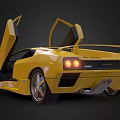 Yellow Lamborghini Diablo Sports Car With Scissor Doors Open Rear View