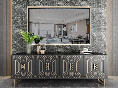 Black TV Stand With Gold Geometric Patterns Vase Green Plant Books On Marble Texture Wall 3d model