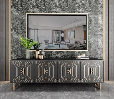 Black TV Stand With Gold Geometric Patterns Vase Green Plant Books On Marble Texture Wall 3d model