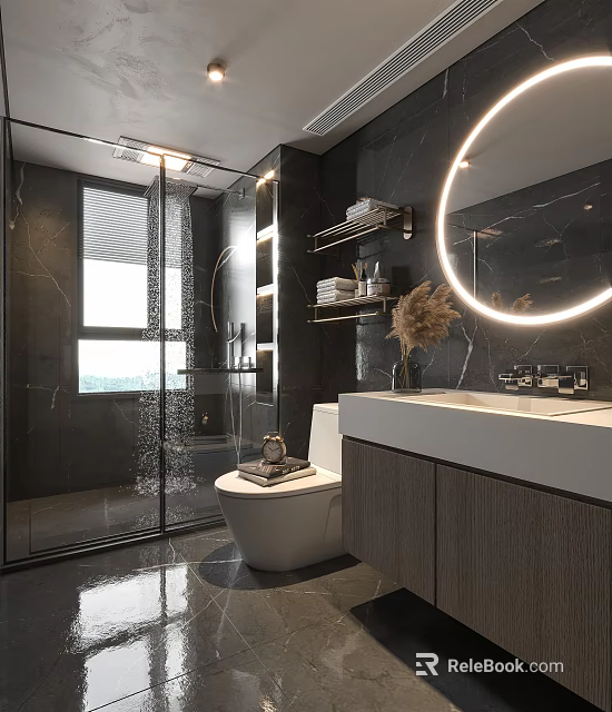 Modern Bathroom Interior With Glass Shower Round Illuminated Mirror And Wooden Vanity 3d model 
