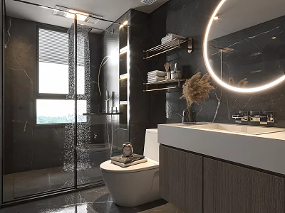 Modern Bathroom Interior With Glass Shower Round Illuminated Mirror And Wooden Vanity 3d model