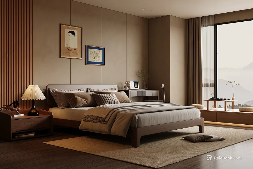 Modern Bedroom Interior With Wooden Bed Nightstand Table Lamp Wall Art And Curtains 3d model 