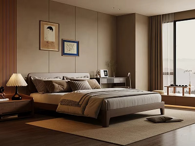 Modern Bedroom Interior With Wooden Bed Nightstand Table Lamp Wall Art And Curtains 3d model