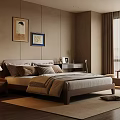 Modern Bedroom Interior With Wooden Bed Nightstand Table Lamp Wall Art And Curtains