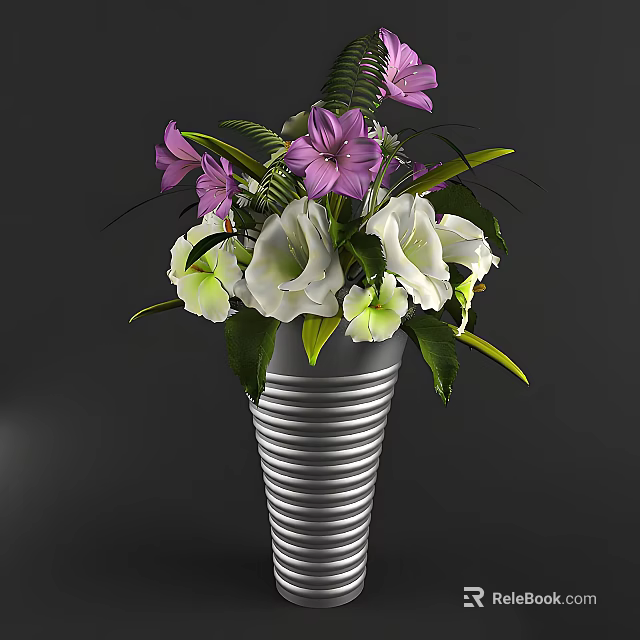 Silver Striped Vase With Purple And White Flowers And Green Leaves 3d model 