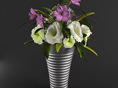 Silver Striped Vase With Purple And White Flowers And Green Leaves 3d model