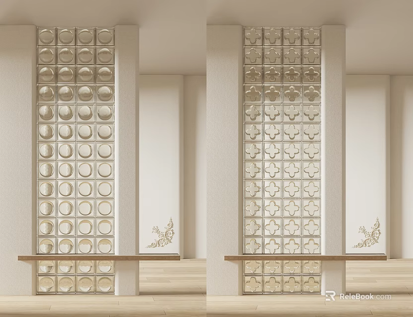 White Grid Pattern Room Divider With Decorative Motifs And Base Shelf 3d model