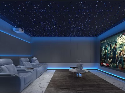 Home Theater Room With Starry Ceiling Blue Lighting Gray Reclining Sofas And Large Screen 3d model