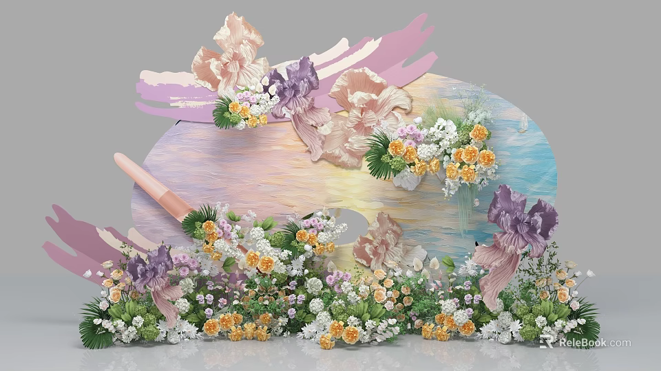 Artistic Floral Installation With Pink Purple Yellow Blooms And Decorative Painted Backdrop 3d model 