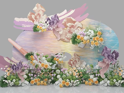 Artistic Floral Installation With Pink Purple Yellow Blooms And Decorative Painted Backdrop 3d model