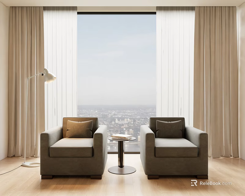 Leisure Sofa Set with Two Single Sofas Small Round Table Large Window and City View 3d model