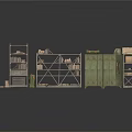 Industrial Metal Storage Racks With Green Cabinets And Stacked Items On Reflective Floor