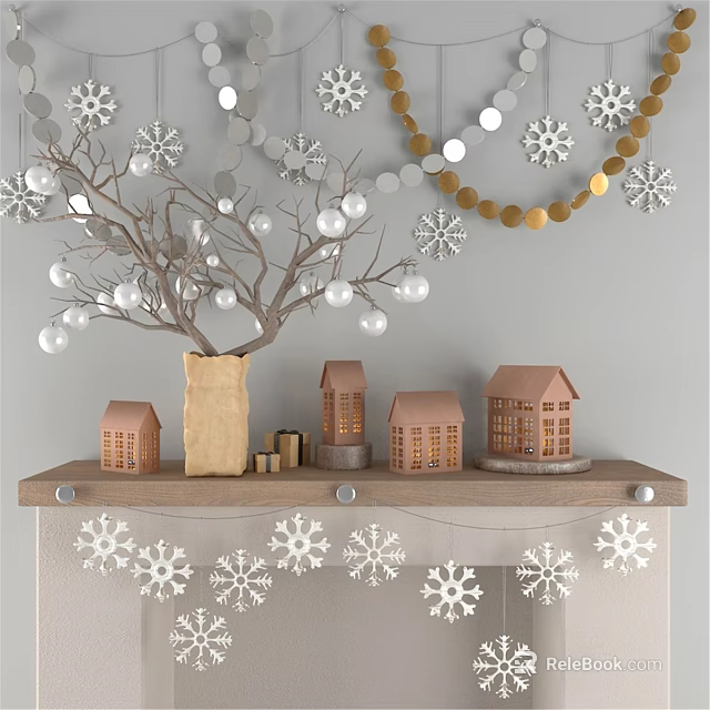 Decorative Ornament Set With Snowflakes Branches White Balls And Mini House Models On Wooden Shelf 3d model 