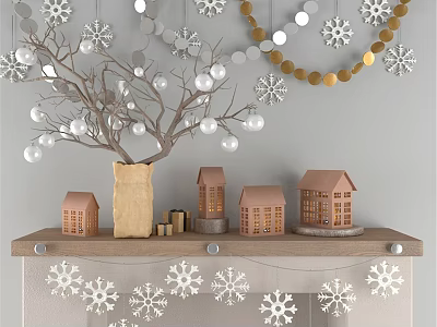 Decorative Ornament Set With Snowflakes Branches White Balls And Mini House Models On Wooden Shelf 3d model