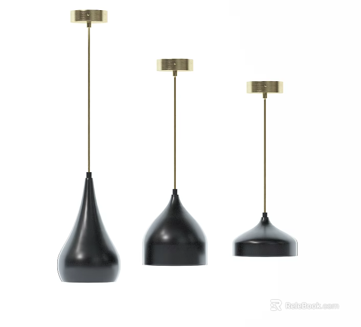 Modern Black Pendant Lights with Gold Base and Different Shapes 3d model