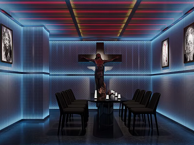 Modern Ambient Themed Interior With Cross Dining Table Chairs And Neon Lighting 3d model