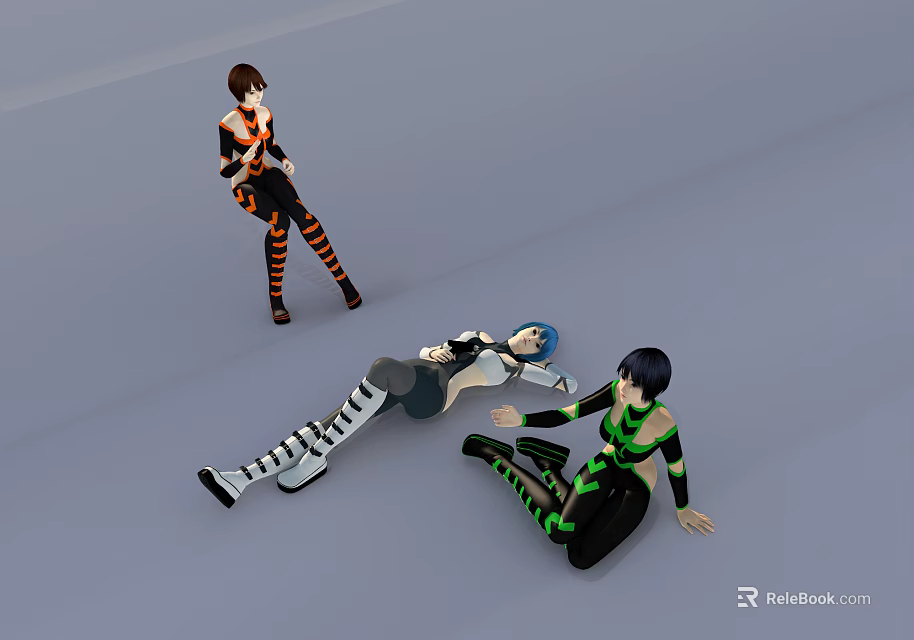 Two Women In Striped Outfits One Standing And One Sitting Near Lying Person 3d model 